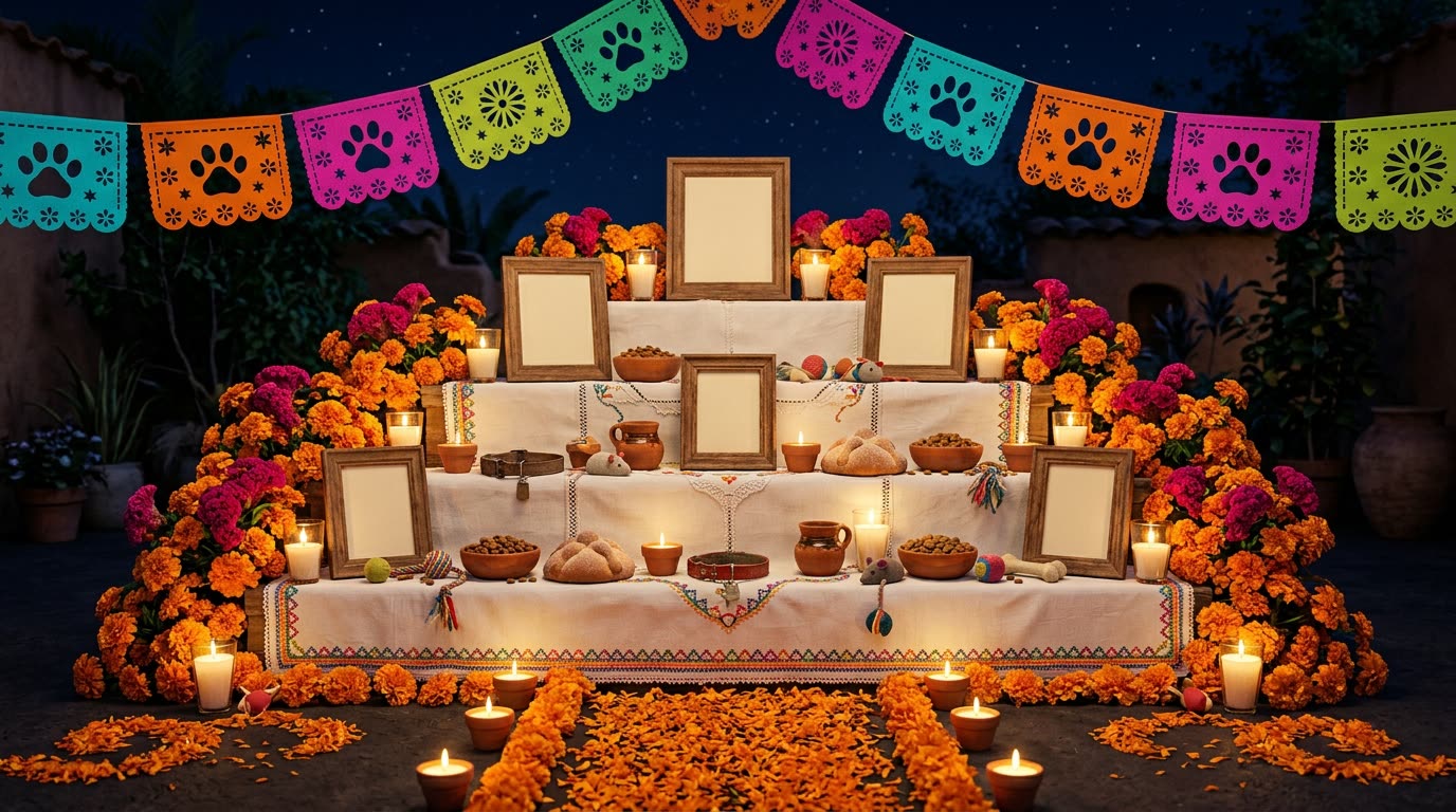 Altar de tres niveles con cempasúchil, comida, agua, juguetes y veladoras