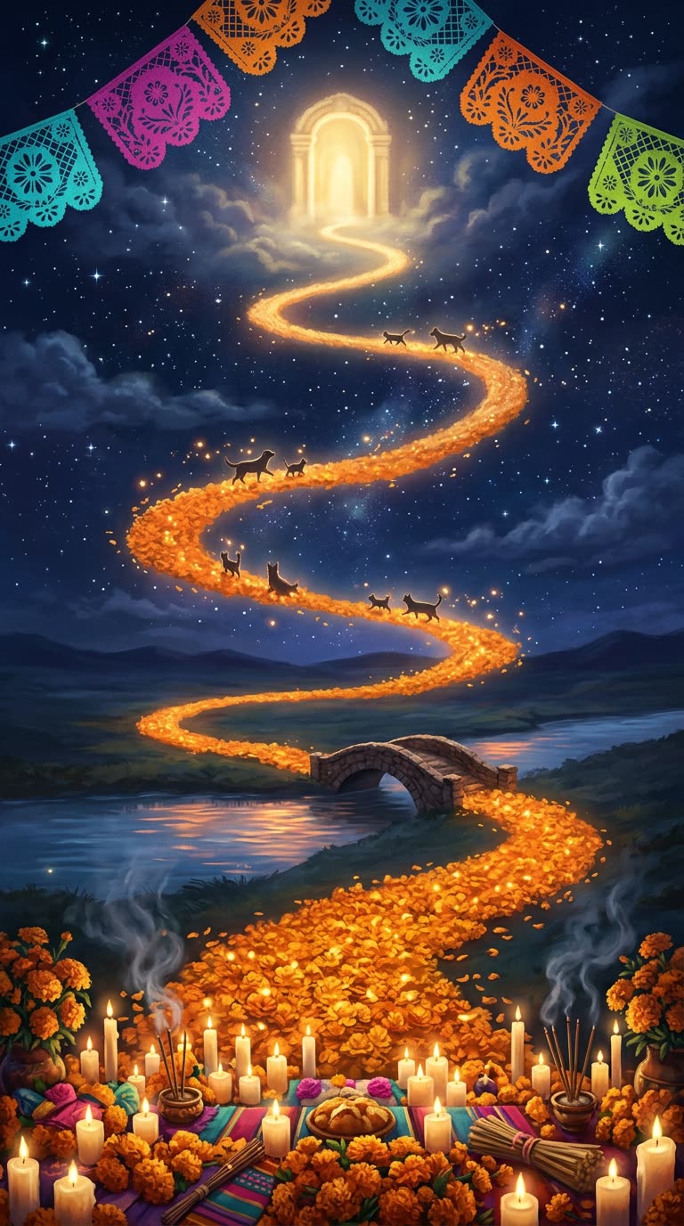 Camino de pétalos de cempasúchil que baja del Mictlán hasta la ofrenda